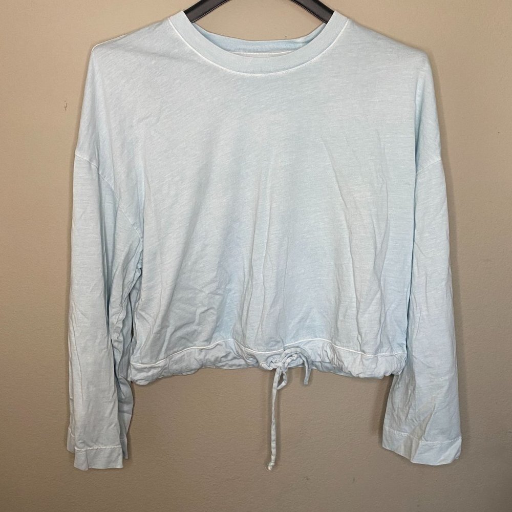 Aritzia Wilfred Axel Top 3/4 Bell Sleeve Drawstring Hem Blue